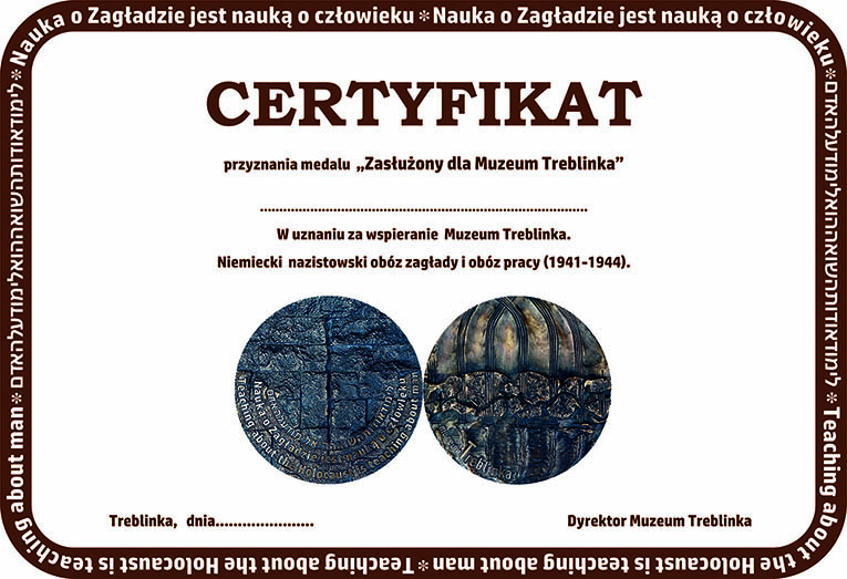 certyfikat przyznania medalu Zasłużony dla Muzeum Treblinka